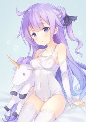Rule 34 | 1girl, :o, ahoge, arm support, azur lane, bare shoulders, bed sheet, black ribbon, blue background, blush, breasts, cameltoe, collarbone, commentary request, covered erect nipples, covered navel, detached sleeves, hair bun, hair ribbon, head tilt, long hair, long sleeves, looking away, medium breasts, narusegawa riko, hugging object, one-piece swimsuit, one side up, parted lips, perky breasts, purple eyes, purple hair, revision, ribbon, school swimsuit, side bun, single hair bun, single side bun, sitting, sleeves past wrists, solo, star (symbol), stuffed animal, stuffed toy, stuffed unicorn, stuffed winged unicorn, swimsuit, thighhighs, unicorn (azur lane), very long hair, white one-piece swimsuit, white school swimsuit, white thighhighs