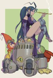 Rule 34 | 2girls, armor, barefoot, blue eyes, blue hair, blush stickers, breasts, breath of fire, breath of fire iv, closed mouth, deis, detached sleeves, dress, dual persona, ershin, feet, highres, large breasts, long hair, looking at viewer, multiple girls, open mouth, ponytail, sitting, smile, smoking pipe, urasato, very long hair