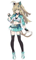 Rule 34 | 1girl, :p, absurdres, ahoge, aqua jacket, aqua skirt, baek hyang, bell, belt, black choker, black gloves, black thighhighs, blonde hair, cat tail, choker, commentary, crop top, cropped jacket, fingerless gloves, full body, garter straps, genshin impact, gloves, green eyes, half-closed eyes, highres, jacket, jingle bell, kirara (genshin impact), long hair, long sleeves, looking at viewer, midriff, miniskirt, multiple tails, navel, neck bell, official alternate costume, pleated skirt, shoes, simple background, skirt, sneakers, solo, standing, stomach, tail, thighhighs, tongue, tongue out, two tails, very long hair, white background, white belt, zettai ryouiki