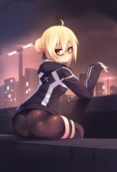 Rule 34 | 1girl, absurdres, ahoge, artoria pendragon (all), artoria pendragon (fate), ass, back-seamed legwear, bike shorts, blonde hair, fate/grand order, fate (series), glasses, highres, hood, hoodie, looking at viewer, looking back, mysterious heroine x alter (fate), mysterious heroine x alter (second ascension) (fate), pantylines, saber (fate), seamed legwear, short hair, skin tight, solo, sub-res, thighhighs
