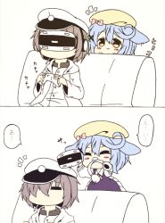 Rule 34 | 1boy, 1girl, 2koma, :d, = =, animal ears, azur lane, beret, blue dress, blue hair, blush, bow, brown eyes, brown hair, chibi, cigarette, closed eyes, closed mouth, comic, commander (azur lane), commentary request, controller, dress, game controller, hair between eyes, hair ornament, hair over one eye, hat, head-mounted display, headphones, holding, jacket, kurukurumagical, long sleeves, military hat, military jacket, minazuki (azur lane), mouth hold, notice lines, open clothes, open jacket, open mouth, peaked cap, pink bow, shirt, sitting, sleeveless, sleeveless dress, smile, translation request, white hat, white jacket, white shirt, x hair ornament, yellow hat