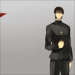 Rule 34 | 1boy, amakura (am as), brown hair, cross, fate/stay night, fate/zero, fate (series), grey background, jewelry, kotomine kirei, male focus, mapo tofu, necklace, simple background