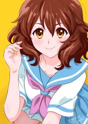 Rule 34 | 1girl, absurdres, blue sailor collar, blue skirt, blush, brown eyes, brown hair, closed mouth, collarbone, dated, hand up, hibike! euphonium, highres, kitauji high school uniform, looking at viewer, neckerchief, oumae kumiko, pink neckerchief, pleated skirt, sailor collar, school uniform, serafuku, shirt, short hair, short sleeves, signature, simple background, skirt, smile, solo, thighs, tsunemoku, white shirt, yellow background