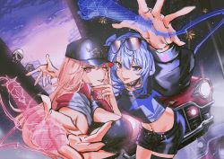 Rule 34 | 2girls, blue eyes, blue hair, breasts, car, choker, eyewear on head, hand on own face, hat, headlight, highres, hololive, hololive english, hoshimachi suisei, jacket, large breasts, lipstick, looking at viewer, makeup, medium breasts, microphone, mori calliope, motor vehicle, multiple girls, navel, pink eyes, red eyes, reflection, set7, shorts, skull, skyline, star (symbol), sunglasses, thighhighs, virtual youtuber, zettai ryouiki