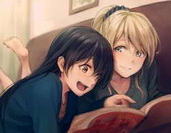 Rule 34 | 10s, 2girls, ayase eli, barefoot, blonde hair, blue eyes, blue hair, blurry, book, brown eyes, depth of field, face, highres, long hair, long sleeves, looking at another, love live!, love live! school idol project, lying, multiple girls, on stomach, open book, open mouth, pointing, ponytail, reading, scrunchie, smile, sonoda umi, yukiiti