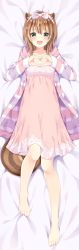 Rule 34 | 1girl, animal ears, ayunda risu, bed sheet, bow, brown hair, dakimakura (medium), dress, feet, flower, green eyes, hair between eyes, hair bow, hair ornament, heart, heart hands, highres, hololive, hololive indonesia, long sleeves, looking at viewer, lying, on back, open mouth, short hair, smile, solo, squirrel ears, squirrel tail, tail, virtual youtuber, yatomi