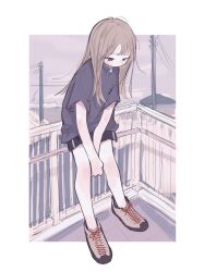 Rule 34 | 1girl, absurdres, against railing, arms between legs, black shorts, blush, border, brown hair, commentary request, full body, grey shirt, half-closed eyes, highres, leaning forward, long hair, looking down, original, outdoors, outside border, pink sky, power lines, purple eyes, railing, raised eyebrows, shirt, shoes, short shorts, short sleeves, shorts, sky, sneakers, solo, town, utility pole, v arms, white border, yunoki itsugu, zipper