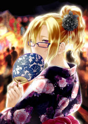 Rule 34 | 1girl, bad id, bad pixiv id, blonde hair, blush, covering face, covering own mouth, covering privates, floral print, glasses, hair ornament, hair up, hand fan, japanese clothes, kimono, kiryuu moeka, looking back, nail polish, nape, nidoro, paper fan, purple-framed eyewear, purple eyes, solo, steins;gate, uchiwa, upper body