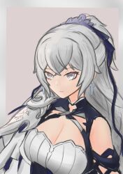 1girl absurdres border breasts bronya_zaychik bronya_zaychik_(silverwing:_n-ex) cleavage earrings grey_background grey_border highres honkai_(series) honkai_impact_3rd jellen_squish jewelry large_breasts outside_border simple_background single_bare_shoulder solo upper_body