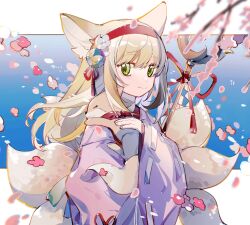 Rule 34 | 1girl, animal, animal ears, arknights, blonde hair, blue background, bushiguantouderuguo941, cherry blossoms, chinese commentary, commentary request, cowboy shot, dated, flower, fox, fox ears, fox girl, fox tail, green eyes, hair down, hair flower, hair ornament, hair ribbon, hairband, highres, holding, holding animal, japanese clothes, kimono, kitsune, lily of the valley, long hair, long sleeves, looking at viewer, multiple tails, official alternate costume, pink kimono, red hairband, red ribbon, ribbon, simple background, smile, solo, staff, suzuran (arknights), suzuran (yukibare) (arknights), tail, wide sleeves