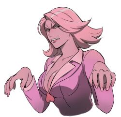 Rule 34 | 1girl, ace attorney, angry, april may, breasts, buttons, cleavage, clenched teeth, flipped hair, furrowed brow, heart button, jacket, large breasts, looking at viewer, n0n0n ma, open mouth, phoenix wright: ace attorney, pink hair, pink jacket, pink lips, short hair, simple background, solo, teeth, upper body, white background