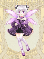 Rule 34 | 1girl, :d, bare shoulders, black bow, blush, bow, character request, dairoku ryouhei, double bun, dress, full body, grey hair, hair between eyes, hair bow, hair bun, long sleeves, looking at viewer, off-shoulder dress, off shoulder, official art, open mouth, puffy long sleeves, puffy sleeves, purple bow, purple dress, purple eyes, purple footwear, purple wings, shikito (yawa0w0), shoes, sidelocks, sleeves past wrists, smile, solo, standing, standing on one leg, thighhighs, v-shaped eyebrows, white thighhighs, wings