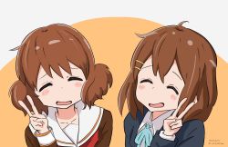 Rule 34 | 2girls, absurdres, artist name, blazer, blue jacket, blue ribbon, blush stickers, brown eyes, brown hair, brown serafuku, collarbone, commentary request, company connection, crossover, curly hair, dated, closed eyes, hair ornament, hairclip, hibike! euphonium, highres, hirasawa yui, jacket, k-on!, kitauji high school uniform, multiple girls, neck ribbon, neckerchief, open mouth, orange background, oumae kumiko, red neckerchief, ribbon, sailor collar, sakuragaoka high school uniform, school uniform, serafuku, shirt, short hair, simple background, twitter username, two-tone background, upper body, v, watermark, white background, white sailor collar, white shirt, yusaku2021com