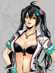 Rule 34 | 1girl, ahoge, all blink, allblink, black bra, black hair, bra, breasts, eyeshadow, flower, grey background, hayama tbk, jewelry, large breasts, long hair, makeup, necklace, ol blink (pso2), open clothes, open shirt, phantasy star, phantasy star online 2, red eyes, shirt, simple background, solo, star (symbol), twintails, underwear, upper body