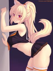 Rule 34 | 1girl, animal ear fluff, animal ears, arched back, armpits, ass, black shirt, blonde hair, blouse, blush, breasts, cat ears, cat tail, highres, large breasts, long hair, looking at viewer, nottytiffy, original, red eyes, school uniform, serafuku, shirt, sleeveless, sleeveless shirt, slit pupils, smile, solo, stomach, tail, thighhighs, thighs, tiffy (nottytiffy), watermark, web address, white thighhighs