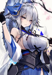 Rule 34 | 1girl, absurdres, animal ears, antenna hair, azur lane, bare shoulders, black gloves, blue hakama, blue skirt, breasts, cherry blossoms, closed mouth, detached sleeves, diieru, fox mask, gloves, grey hair, hair between eyes, hakama, hakama skirt, highres, japanese clothes, kitsune, large breasts, long sleeves, looking at viewer, low ponytail, mask, mask on head, oil-paper umbrella, pleated skirt, purple eyes, sakura empire (emblem), shirt, side slit, sideboob, sidelocks, skirt, sleeveless, sleeveless shirt, sleeveless turtleneck, smile, tosa (azur lane), turtleneck, umbrella, white background, white shirt, wide sleeves