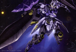 Rule 34 | absurdres, exhaust, flying, foreshortening, glowing, glowing eyes, gundam, gundam kimaris vidar, gundam tekketsu no orphans, highres, holding, holding polearm, holding weapon, insignia, lance, mecha, mobile suit, no humans, oobari masami, outstretched arms, polearm, robot, science fiction, space, star (sky), v-fin, weapon, yellow eyes