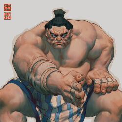 Rule 34 | 1boy, bandages, bare shoulders, black eyes, black hair, closed mouth, edmond honda, facial mark, large pectorals, looking at viewer, male focus, muscular, muscular male, pectorals, simple background, solo, street fighter, sumo, topless male, will murai