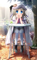 Rule 34 | 1girl, absurdres, black footwear, blue eyes, blush, cape, capelet, closed mouth, full body, grey skirt, hat, hat ribbon, head rest, highres, kud wafter, little busters!, long hair, looking at viewer, miniskirt, na-ga, noumi kudryavka, official art, pink neckwear, plaid, plaid skirt, pleated skirt, purple ribbon, ribbon, silver hair, sitting, skirt, smile, solo, thighhighs, tree, very long hair, white cape, white capelet, white hat, white thighhighs, zettai ryouiki
