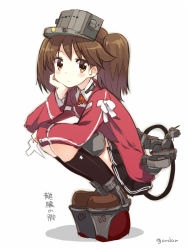 Rule 34 | 10s, 1girl, amagai tarou, black skirt, black socks, blazer, blush, brown eyes, brown hair, collared shirt, flat chest, from side, full body, head rest, headgear, holding, jacket, kantai collection, kneehighs, loafers, long sleeves, looking at viewer, magatama, outline, platform footwear, pleated skirt, ryuujou (kancolle), school uniform, shadow, shirt, shoes, short hair, short twintails, simple background, skirt, socks, solo, squatting, twintails, twitter username, white background