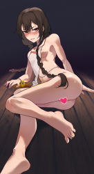 Rule 34 | 1girl, apron, ass, bell, blush, bracelet, braid, breasts, brown hair, censored, crack, dark, full body, glaring, glowing, heart, heart censor, highres, hundred demon spectrum, jewelry, long hair, looking at viewer, low twin braids, naked apron, scowl, small breasts, solo, sweat, tao yao (hundred demon spectrum), twin braids, user zedn5754, wooden floor
