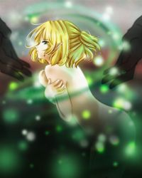 Rule 34 | 1girl, blonde hair, blurry, bokeh, breast hold, breasts, covering privates, covering breasts, crossed arms, depth of field, eyelashes, female focus, gatsukyo saki, gradient background, green eyes, half updo, light particles, lips, mizuhashi parsee, nude, nude cover, open hand, pointy ears, ponytail, profile, reaching, short hair, solo, touhou, tsukiori sasa