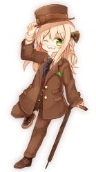 Rule 34 | 1girl, arm up, black necktie, blonde hair, blush, bow, braid, brown bow, brown footwear, brown hat, brown jacket, brown pants, brown vest, cane, fake beard, fake facial hair, fake mustache, full body, green eyes, hair between eyes, hair bow, hand on headwear, hat, hat bow, jacket, long hair, long sleeves, looking at viewer, necktie, one eye closed, open clothes, open jacket, original, pants, shirt, shoes, side braid, simple background, single braid, sleeves past wrists, solo, standing, standing on one leg, striped clothes, striped shirt, vest, white background, white shirt, yuuhagi (amaretto-no-natsu)