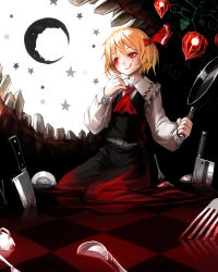 Rule 34 | 1girl, :q, blood, blood on face, checkered floor, crescent moon, female focus, floor, fork, frying pan, highres, knife, moon, rumia, solo, spark621, tongue, tongue out, touhou