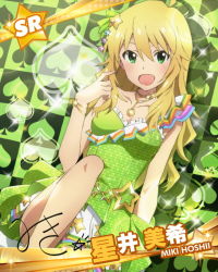 Rule 34 | 10s, 1girl, artist request, blonde hair, blush, character name, character signature, dress, green background, green dress, green eyes, hair ornament, hoshii miki, idolmaster, idolmaster (classic), idolmaster million live!, jewelry, long hair, necklace, official art, open mouth, signature, smile, solo, spade, sparkle, star (symbol), star hair ornament