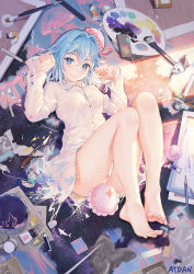 Rule 34 | 1girl, artist name, ass, atdan, bare legs, barefoot, blue eyes, blue hair, blush, button gap, buttons, closed mouth, collared shirt, convenient censoring, dress shirt, feet, fish, full body, globe, hair intakes, haiyi, hands up, hat, head tilt, highres, jellyfish, knees up, looking at viewer, lying, no pants, on back, paintbrush, palette (object), paper, pencil, pink hat, shirt, short hair, sidelocks, sleeves past wrists, smile, solo, star (sky), thighs, toes, vocaloid, white shirt