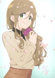Rule 34 | 1girl, artist name, black shirt, commentary, fang, green eyes, hair ornament, hair over shoulder, hair scrunchie, inuyama aoi, long hair, long sleeves, low-tied long hair, petals, purple scrunchie, scrunchie, shirt, skin fang, smile, solo, standing, thick eyebrows, toyota akiko, upper body, vest, yellow vest, yurucamp, yurucamp movie
