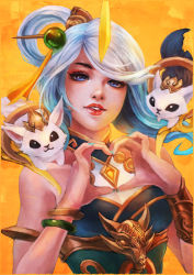 Rule 34 | 1girl, absurdres, alternate costume, animal, animal on shoulder, armlet, blue eyes, bracelet, eyelashes, hair ornament, hair rings, heart, heart hands, highres, jewelry, league of legends, lips, lipstick, lunar empress lux, lux (league of legends), makeup, monori rogue, silver hair