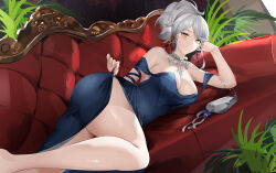 Rule 34 | 1girl, baige0, bare shoulders, blue dress, blush, breasts, closed mouth, commentary, couch, dress, earrings, english commentary, eternity (reverse:1999), grey hair, highres, jewelry, large breasts, looking at viewer, medium hair, off shoulder, ponytail, reverse:1999, smile, solo, thighs