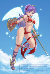 Rule 34 | 1girl, angel wings, armband, athena (series), bikini, breasts, credits, hair ornament, highres, kkzk61539201, large breasts, legband, long hair, looking at viewer, princess athena, purple hair, red bikini, sandals, shield, sky, smile, swimsuit, sword, weapon, wings