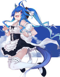 Rule 34 | 1girl, ahoge, alternate costume, animal ears, apron, black footwear, black skirt, blue eyes, breasts, choker, cleavage, corset, frilled thighhighs, frills, heterochromia, horse ears, horse girl, horse tail, jumping, long hair, looking back, maid apron, maid headdress, open mouth, petticoat, purple eyes, red eyes, sharp teeth, skirt, small breasts, smile, solo, tail, teeth, thighhighs, twin turbo (umamusume), twintails, umamusume, upper body, white thighhighs, wrist cuffs, yumesato makura