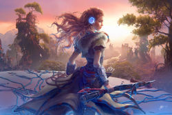 Rule 34 | 1girl, aloy (horizon), arrow (projectile), braid, capelet, commentary, english commentary, forehead, from behind, fur trim, green eyes, headset, highres, holding, holding polearm, holding spear, holding weapon, holographic interface, horizon (video game), horizon zero dawn, koloromuj, landscape, layered skirt, leather skirt, long hair, looking at viewer, looking back, nose, orange hair, photoshop (medium), polearm, post-apocalypse, quiver, ruins, side braids, skirt, solo focus, spear, sunset, tallneck (horizon), thick eyebrows, tribal, turning head, vambraces, weapon
