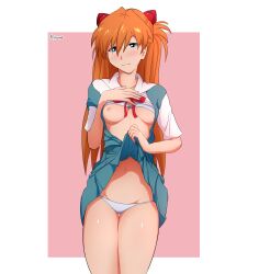 Rule 34 | 1girl, blue eyes, blush, breasts, breasts out, clothes lift, cowboy shot, groin, hair between eyes, hand on own chest, hands up, highres, hirume, interface headset, lifted by self, long hair, looking at viewer, navel, neon genesis evangelion, nipples, no bra, orange hair, partially unbuttoned, presenting, school uniform, shirt lift, signature, skirt, skirt lift, small breasts, smile, solo, souryuu asuka langley, thigh gap, thighs, tokyo-3 middle school uniform, very long hair