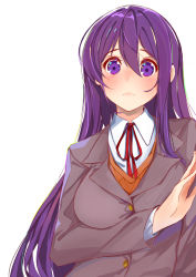 Rule 34 | 1girl, blush, breasts, collared shirt, commentary, doki doki literature club, english commentary, grey jacket, hair between eyes, highres, jacket, large breasts, long hair, looking at viewer, purple eyes, purple hair, school uniform, shirt, simple background, solo, upper body, white background, white shirt, xhunzei, yuri (doki doki literature club)