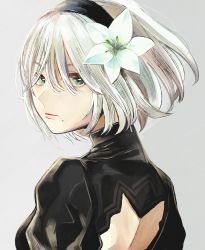Rule 34 | 1girl, absurdres, back cutout, black hairband, clothing cutout, from behind, green eyes, grey background, hairband, highres, looking at viewer, looking back, lunar tear, mole, mole under mouth, nier (series), nier:automata, no blindfold, richard-kun, short hair, silver hair, simple background, solo, upper body, 2b (nier:automata)