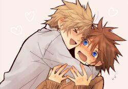 &gt;_&lt; 2boys alternate_costume arms_around_neck blonde_hair blue_eyes blush brown_hair brown_sweater bunta01 embarrassed flying_sweatdrops glomp grey_background grey_sweater hands_up happy heart hug kingdom_hearts kingdom_hearts_ii male_focus multiple_boys nose_blush open_mouth roxas short_hair smile sora_(kingdom_hearts) spiked_hair sweater third-party_source upper_body yaoi