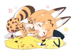 Rule 34 | 10s, 1girl, :3, animal ears, bare shoulders, blonde hair, blush stickers, brown hair, chibi, closed mouth, commentary request, creatures (company), crossover, curled up, elbow gloves, closed eyes, fetal position, full body, game freak, gen 1 pokemon, gen 2 pokemon, gloves, happy, high-waist skirt, kemono friends, lying, multicolored hair, nintendo, on side, on stomach, open mouth, pichu, pikachu, pokemon, pokemon (creature), serval (kemono friends), serval print, serval tail, shadow, shirt, short hair, skirt, sleeping, sleeveless, sleeveless shirt, streaked hair, striped tail, tail, thighhighs, watanon (gakushokutei), white background, white shirt, zettai ryouiki
