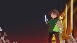 Rule 34 | androgynous, bone, brown hair, chara (undertale), chromatic aberration, closed eyes, dagger, dark background, frisk (undertale), gender request, glint, glitch, highres, holding own arm, knife, long sleeves, melissa yabumoto, pants, pillar, red eyes, shirt, simple background, smile, spoilers, standing, striped clothes, striped shirt, sunlight, sweater, undertale, weapon
