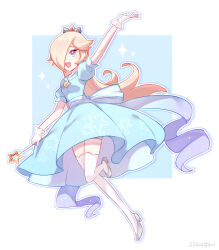 Rule 34 | 1girl, :d, alternate costume, arm up, back bow, blonde hair, blue dress, blue eyes, bow, brooch, crown, dress, gloves, hair over one eye, highres, holding, holding wand, jewelry, leg up, long hair, magical girl, mario (series), nintendo, open mouth, oxo xwo, puffy short sleeves, puffy sleeves, rosalina, short sleeves, smile, solo, star brooch, super mario galaxy, thighhighs, wand, white gloves, white thighhighs