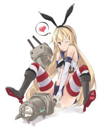 Rule 34 | 10s, 1girl, :&lt;, aftersex, anchor, bad id, bad pixiv id, bare shoulders, black panties, blonde hair, blush, cum, cum in pussy, cumdrip, elbow gloves, faefaea, gloves, green eyes, hair ornament, hair ribbon, heart, kantai collection, long hair, looking at viewer, navel, one eye closed, panties, personification, pussy, rensouhou-chan, ribbon, sailor collar, shimakaze (kancolle), sitting, skirt, solo, spread legs, striped clothes, striped thighhighs, tears, thighhighs, underwear, upskirt, white background, white gloves, wink