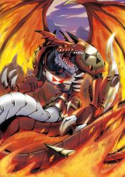 Rule 34 | angry, artist request, claws, digimon, digimon (creature), dragon, dragon wings, glowing, glowing eyes, looking to the side, megidramon, muscular, open mouth, sky, solo, tail, wings