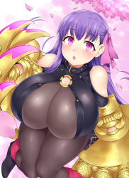 Rule 34 | 10s, 1girl, :o, bare shoulders, belt collar, bodysuit, bow, breasts, cherry blossoms, claws, cleavage, collar, fate/extra, fate/extra ccc, fate/grand order, fate (series), hair bow, hair ribbon, highres, huge breasts, katsura harufumi, long hair, looking at viewer, o-ring, o-ring top, pantyhose, parted lips, passionlip (fate), pink eyes, purple hair, ribbon, solo, very long hair