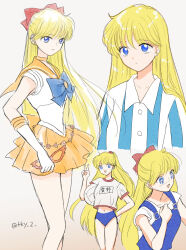Rule 34 | aino minako, ball, bishoujo senshi sailor moon, blonde hair, blue bow, blue eyes, bow, choker, earrings, happy, highres, jewelry, legs, navel, open mouth, orange choker, orange sailor collar, orange skirt, sailor collar, sailor venus, skirt, takayo (retry), v, variations, volleyball (object)