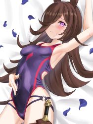 Rule 34 | 1girl, absurdres, animal ears, black one-piece swimsuit, brown hair, commentary request, competition swimsuit, dagger, hair over one eye, highres, holster, horse ears, horse girl, horse tail, knife, long hair, lying, one-piece swimsuit, petals, purple eyes, rice shower (umamusume), solo, swimsuit, tail, tatsumi yashiro, thigh holster, umamusume, weapon