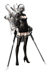 Rule 34 | 1girl, absurdres, black footwear, black hairband, black legwear, black sclera, breasts, cable, carcass (artist), cleavage, cleavage cutout, clothing cutout, colored sclera, cyborg, dual wielding, garter straps, hairband, high heels, highres, holding, holding sword, holding weapon, mask, mouth mask, original, science fiction, short hair, simple background, standing, sword, weapon, white background, white eyes, white hair