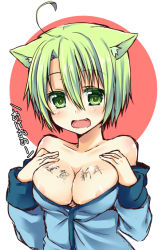 Rule 34 | 1girl, :d, ahoge, animal ears, bare shoulders, body writing, breast suppress, breasts, cat ears, cat tail, dodome-iro mayonnaise, fang, green eyes, green hair, matching hair/eyes, open mouth, original, sharon (dodomayo), short hair, smile, solo, tail